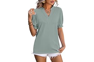 Atxnn Chemisier pour Femme D'Été Blouse Manches Courtes Chemise Col en V Tops Décontracté Tunique Élégant Haut Couleur Unie T-Shirts