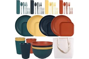 MORAINJAY Unbreakable Dinner Set for 4,Camping Plates Bowls Cups Cutlery Lightweight Dinnerware Set with Storage Bag,Microwave&Dishwasher Safe,Outdoor Picnic,RV,Camping Essentials(Colourful)