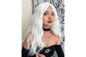 PORSMEER Parrucca da donna bianca, lunga ondulata bianca, per donne e ragazze, costume di Halloween, elfo fata o strega, capelli sintetici dall'aspetto naturale per anime cosplay