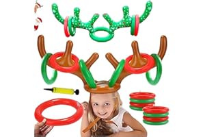 LUYANFX Jeux Gonflable de Noël, 11 PCS Jeu de Lancer d’Anneaux en Bois de Renne, Jeu de Lancer d'Anneaux Gonflables de Fête Noël, pour Les Jeux Amusants en Famille Pendant Les Fêtes de Noël