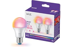 ‎WIZ Żarówka WiZ Smart LED A60, kolor i regulowany odcień białego światła, trzonek E27, odpowiednik 60 W, 2200K–6500K, 806 lumenów, przyciemn, działa z Alexą, Google Assistant i Apple Home, op. 2 szt.