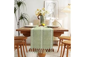 Wracra Camino de Mesa de Algodón con Tejido Calado, Estilo Campesino Camino de Mesa de 120cm de Largo con Borlas para Decoración de Mesas de Comedor, Cocina y Postres (Verde Salvia, 120cm)