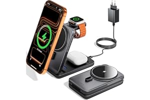 KPON Magsafe Ladestation für Apple Watch und iPhone, 3 in 1 Faltbares Magsafe Ladegerät Schnellladung Kompatibel mit iPhone 17-12, Apple Watch 11-2, AirPods, Reise & Büro, inkl. 20W Adapter