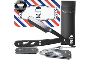 SAKKAL Navaja de Afeitar Hombre - Cuchilla de Afeitar de Barbero - Faca de Barbear Profesional - 20 Medias Cuchillas Dobles con Estuche de Cuero | Kit de Afeitado Clásico para Barba y Bigote