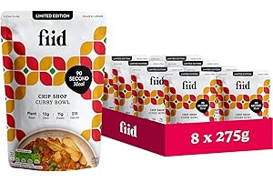 Fiid 100% Natural Vegan Microwave Ready Meals - Chip Shop Curry Flavour - 8 x 275g (Vegetarian Food Pouch, High in Fibre & Protein, Low in Sugar, Gluten Free, Fat Free)