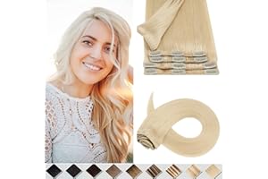 25cm Silk-co Extensiones de Clip de Pelo Natural 8 Piezas 18 Clips Hair Extension Peluca Postiza [613# Blanqueador Rubia] Cabello Humano 100% Remy Human Hair -75g