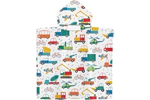 Satiskid Kids Hooded Towel Poncho 65x75cm Children Beach Towel Poncho Towelling Poncho with Hood Boys Girls Bath Towel Bathrobe Hooded Swimming Towels Kids Pool Beach Changing Robe (White- Cars)