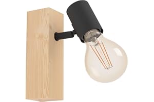 EGLO lámpara de techo de 1 foco Townshend 3, lámpara de techo de la época en el diseño industrial, lámpara retro hecha de acero y madera, blanco, marrón, E27, certificado FSC