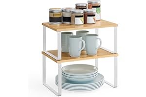 SONGMICS Étagère à Épices, Lot de 2, Organisateur de Placard, Étagère de Rangement de Cuisine Extensible, Porte-épices Empilable, Métal, Bois d’Ingénierie, Blanc Nuage et Beige Naturel KCS02NW