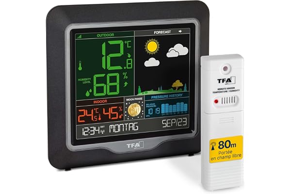 TFA Dostmann Station météo interieur exterieur sans fil Season, 35.1150.01, avec capteur pour température et humidité int./ext., phases de lune, pression atmosphérique, noir