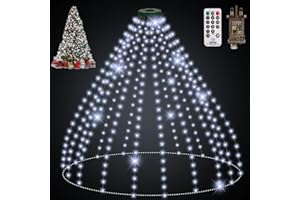 PINLANUO Waterfall Christmas Tree Lights Indoor, 2.5M X16 Strands 400 LEDs Cool White Xmas Tree Lights Mains Powered, Waterproof 8 Modes Timer Fairy String Lights for Indoor Outdoor Christmas Tree Decoration