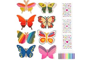Bofanze 32pcs Mariposa de Madera, Divertido Juegos de Manualidades de Madera, Mariposas de Madera Inacabadas con Gemas Autoadhesivas y Pinceles, Creativo Juego De Manualidades para Niños