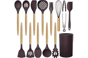 HUBEI Utensili da Cucina in Silicone Set di Utensili da Cucina - 446 ° F Manici in Legno Resistenti al Calore Utensili da Cucina Grigi Set di Strumenti per pentole antiaderenti (Marrone-12pcs)