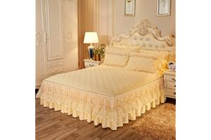 CXLT Acolchada Colcha King Queen Espesar Suave Y Cómoda Falda De Cama Decoración De Dormitorio Funda De Colchón Funda De Cama De Encaje De Estilo Princesa Individual Doble Sábana,Yellow-150x200cm