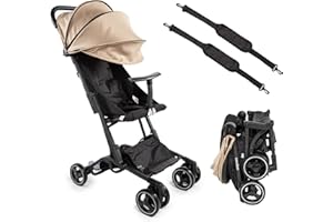 Passeggino leggero aereo compatto di Zanclem Super accessoriato - Passeggino leggero 25 kg portata richiudibile in pochi secondi ad una mano | Passeggino ultraleggero da viaggio manegevole (Beige)