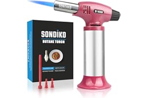 Sondiko Blow Torch, Kitchen Cooking Torch Refillable Blow Torch Lighter with Safety Lock&Adjustable Flame for BBQ, Creme Brulee, Baking, DIY&Soldering (Butane Gas not Included)