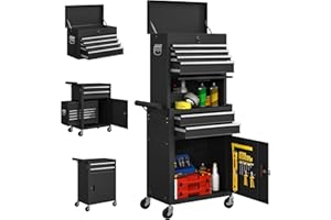 HOMCOM Lockable Tool Cabinet, 3-in-1 Rolling Tool Chest Combo with 6 Drawers and Pegboard, Detachable Steel Tool Storage Cabinet for Garage and Workshop, Black