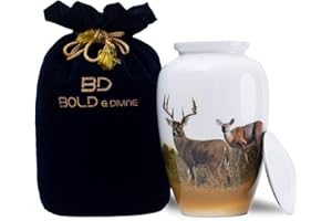 BOLD & DIVINE Grazing Deer Printed Adult Cremation Urn | Large | 200 Cubic Inches | Multicolor | Human Ashes Adult Memorial urn, Burial, Funeral Cremation Urns With Beautiful Velvet Bag