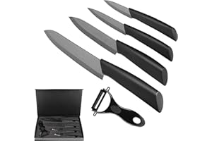 Ballery Zestaw noży ceramicznych, 4-częściowy zestaw profesjonalnych noży kuchennych z ceramiki, nóż szefa kuchni (15 cm, wielofunkcyjny nóż 10 cm, nóż do owoców, 8 cm) i 1 obieraczka – czarny
