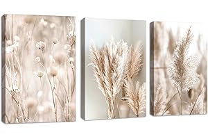 FAJERMINART 3 Pcs Roseaux Beige Plantes de la Pampa Tableau Décoration Murale Salon Boho Impression sur Toile Image sur Toile Abstraite Peintures sur Toile Décoration Murale pour Chambre Maison Bain 50x70cmx3pcs