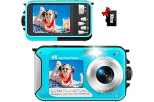YISENCE Appareil Photo Etanche Appareil Photo numérique 4K 64MP Autofocus Caméra sous-Marine Carte mémoire 32G Selfie Double écrans 16FT 16X Zoom Appareil Photo Numérique Etanche