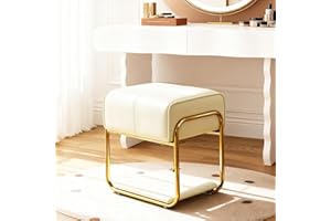 ‎HELLOVE Hellove Schminktisch Hocker mit Gold Metallbeinen, Sitzhocker Quadrat Modern Schminktisch Stuhl Leder, Schminkhocker Polsterhocker Vanity Stool für Ankleidezimmer, Make Up,Wohnzimmer, 135KG, Beige