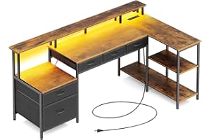 ‎ROLANSTAR Rolanstar Schreibtisch L Form mit Schubladen, reversibler Gaming Tisch mit Steckdose, LED & Monitorständer 163 cm Computertisch für Büro Arbeitszimmer Schlafzimmer, vintagebraun