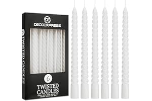 DECO EXPRESS Dinner Candles Pack of 3 or 6 Twisted Non Drip Coloured Spiral Candles Long Lasting 6 hours Burn Non Scented (White, Pack of 6)