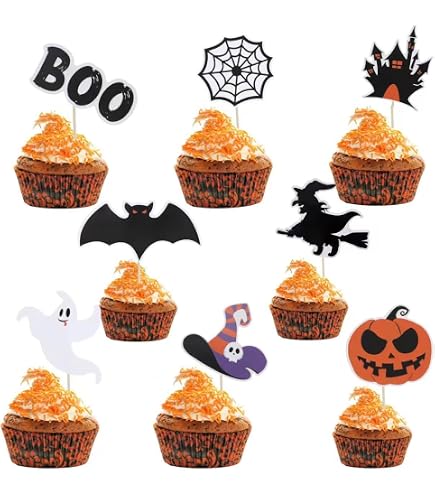 Topper Per Cupcake Halloween - 50 Pezzi, 5 Design (Fantasma, Zucca, Teschio), Plastica Atossica