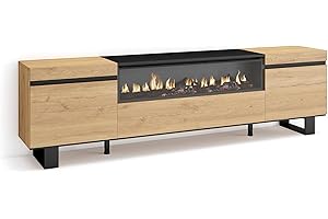 Skraut Home | Mobile TV Soggiorno | Ampio spazio a disposizione | 200x57x35cm | Per TV fino a 80" | Camino elettrico | Design industriale | Stile moderno | Rovere e nero