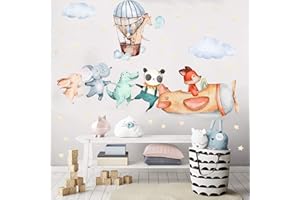 TOARTI Flugzeug Tier Wandtattoo,Lichtfarbe Babyzimmer Wandsticker,Wandaufkleber Kinderzimmer Tiere,104x30 cm (BxH),DIY Elefant Giraffe Panda Wandaufkleber für Junge Mädchen Schlafzimmer Wanddeko