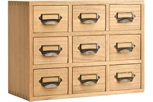 KIRIGEN Wood Storage Drawer Units Desktop Organiser Chest of Drawers Card Catalog Cabinet 9 Mini Drawers with Metal Handles for Home Office Countertop Natural (9CG-NA)