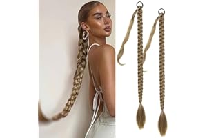 Fulang Hair 2PCS Braid Ponytail Extension Zopf mit Haargummi Haarteil zum Einflechten Lang Ponytail Kunsthaar für Frauen Geflochtener Haarteil (Blond Mit Blassgoldenen Strähnchen)