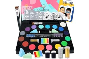 Bowitzki Gesichtsbemalungsset für Kinder, 18 Farben, geteilte Kuchen, Pinsel, Schwämme, Glitzer, Edelsteine, wiederverwendbare Schablonen, professionelles ungiftiges Halloween-Party-Make-up