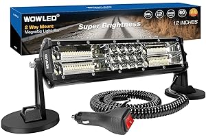 WOWLED Magnetic Light Bar, 12 Inch Portable Cigarette Lighter Magnetic Spotlight 12V for Car, Super Bright Strong Magnets Adjustable 4 Way Mount LED Work Light Bar for 4X4 ATV Boat Trailer Van Truck