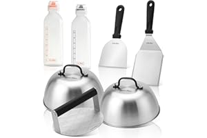 onlyfire Kit Accessori Multiuso per Piastra, 2 Coperchio per Hamburger, Spatola per Piastra, Raschietto per Barbecue, Smash Burger Press e 2 Bottiglia Squeeze per Teppanyaki e Campeggio
