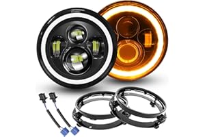 Willpower 2pcs 7'' Round LED Headlights, 50W 5000LM 4 Lens Angel Eyes White DRL & Amber Halo Ring Turn Signal Lights High/Low Beam for Jeep Wrangler JK LJ CJ TJ Motorcycle Car Offroad with Brackets
