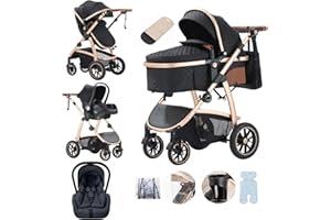 Lnhcrbs Poussette 3 en 1,Poussette Compacte Équipée d'Une Poignée Réglable en Hauteur et d'Un Siège Auto, Poussette Bebe Est Également Livrée Avec Une Moustiquaire et Un Sac Exclusif Pour Les