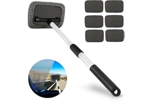 Krazove Windshield Cleaner, Car Window Cleaner Auto Window Cleaning Tool with Extendable Handle, 6 Reusable Microfiber Pads for Car Interior Exterior Glass Wiper Car Glass Cleaner Kit