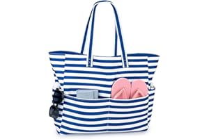 benpen Large Beach Bag for Women:Waterproof Summer Beach Tote Bag with Zip,Holiday Essentials Shopping Bag Travel Bag with Pockets,Lightweight Overnight Shoulder Bag Handbags for Pool (blue strip)