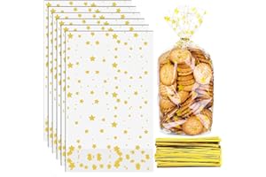woric Torebki na ciasteczka, 24 x 15 cm, na Boże Narodzenie, celofanowe, gwiazdki, torebki bożonarodzeniowe do napełniania, torebki z 150 złotymi paskami do wiązania, torebki na ciastka, herbatniki,