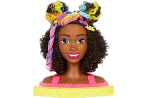 Barbie Doll Deluxe Styling Head with Color Reveal Accessories and Curly Brown Neon Rainbow Hair, Doll Head for Hair Styling, HMD79