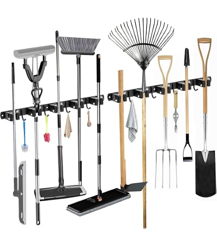 Pull-Out Broom Holder With Adjustable Sliding Hooks – Multifunctional Mop & Tool Organizer For Garage, Closet, Laundry Room, Dark Grey, 36cm/14.17"
