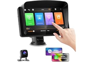 Wireless Apple Carplay & Android Auto, FISHOAKY 7 Zoll Touchscreen Tragbares Autoradio Unterstützt Bluetooth 5.0 mit AM/FM, Multimedia Player mit Rückfahrkamera, Verstellbarer Bügel, AUX Kabel