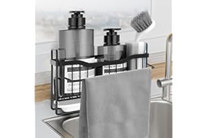 MainPi Organizador Estropajo Fregadero,Soporte Estropajo Acero Inoxidable con Bandeja Drenaje y Estante Toalla,Almacenamiento Organizador de Cocina para Cepillos,Trapos y Esponjas-Negro (Negro)