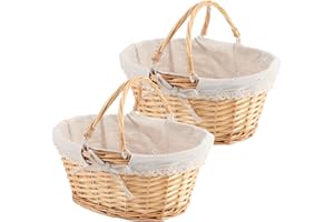 ZOENHOU Lot de 2 Panier de Pique Nique en Osier avec Poignées Pliantes, Panier en Saule Tissé à la Main pour Pâques, Bonbons, Rangement de Jouets de Bain