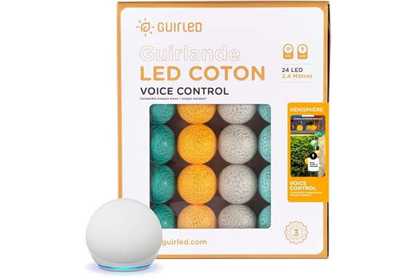 GuirLED - Guirlande lumineuse boules coton LED USB - Commande Vocale - Amazon Alexa & Google Assistant - Programmable à l'infini - Adaptateur secteur 2xUSB inclus - 24 boules 2.4m - Hémisphère