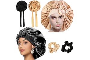 ‎RVLZKCPG 2 Stück Seidenhaube zum Schlafen, Silk Bonnet mit 2 Haargummis, Schlafmütze Bonnet Sleep Cap, Einstellbar Schlafhaube Seide, Breite Satin Haarhaube für Die Nacht für Damen Mädchen (Schwarz, Gold)