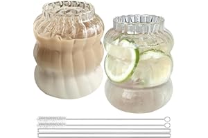 BAIFULAI Lot de 2 Verres à Eau Ondulés 650 ml Avec Pailles et Brosse - Pour Café Glacé, Boissons et Latte Macchiato
