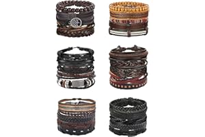 Finrezio 30 pulseras de cuero trenzado para hombres y mujeres, pulseras de cuentas de madera, pulseras tejidas étnicas tribales de cuerda ajustable, 8.5 inch, Madera Cáñamo